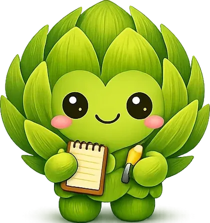 Arti, la mascotte verte, un carnet à la main